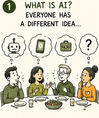 Illustration of four diverse people at a dinner table, each with a thought-bubble about AI