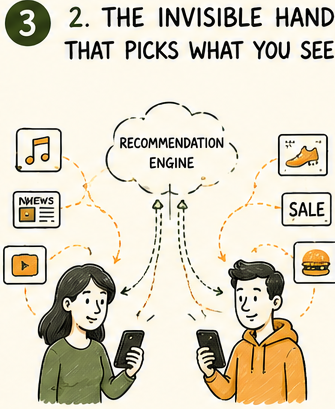 Two people on phones seeing different content, recommendation algorithm
