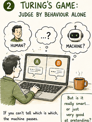 Person at laptop with two hidden chat windows, the Turing Test