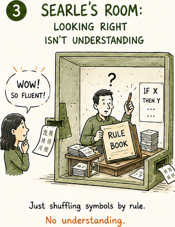 Person in Chinese Room shuffling symbols through a rulebook