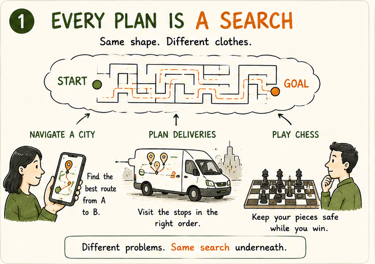 One underlying maze behind three everyday scenes: phone route map, delivery van, chess board