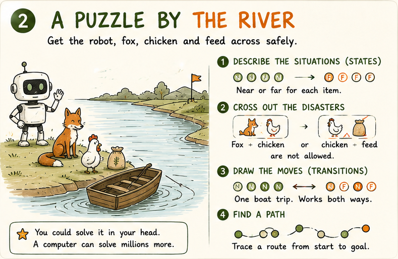 Small robot in a rowboat with fox, chicken and feed at a riverbank