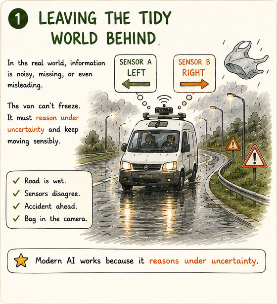 Self-driving van on a foggy rainy road with conflicting sensor arrows and a plastic bag
