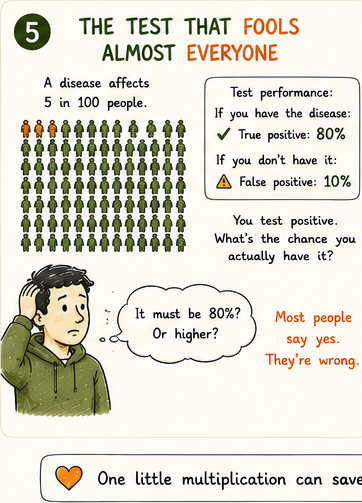 Panicked person thinking 80%+ vs calm Bayes calculation revealing ~30%