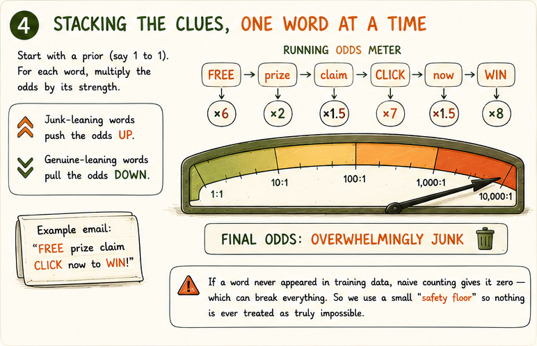 Running odds meter climbing as junk words are fed in one by one