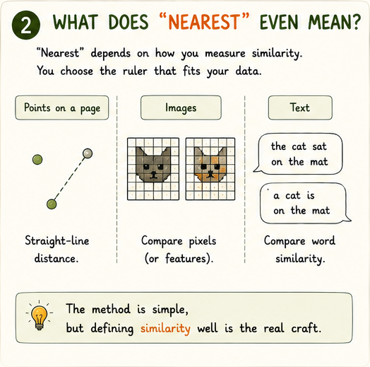 Three rulers measuring similarity: thread between dots, pixel-grid between images, word-overlap between texts
