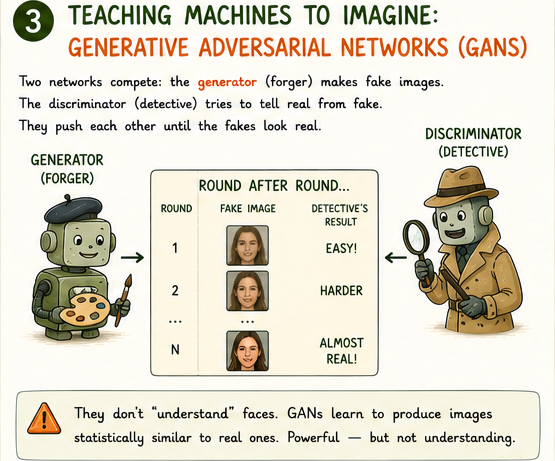 Forger network and detective network competing across a table, GANs