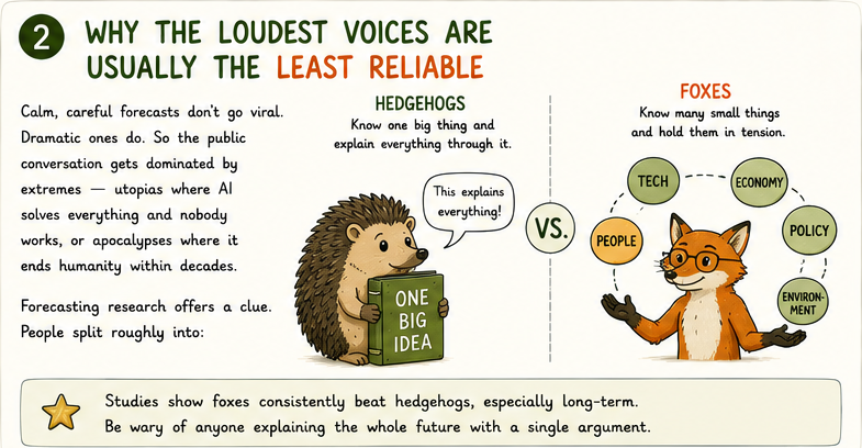 Hedgehog clutching one giant idea vs fox juggling many small ideas, foxes predict better